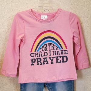 BRAND NEW! "For this child" rainbow l/s tee and denim bell bottom with rainbows